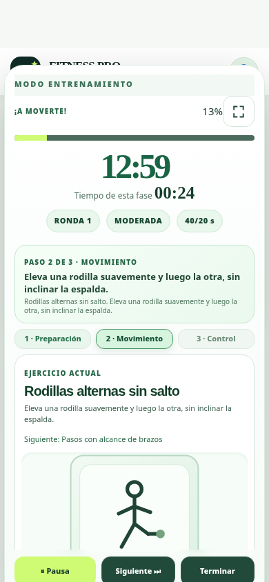 Captura real del entrenamiento guiado FITNESS PRO con cronómetro e instrucciones